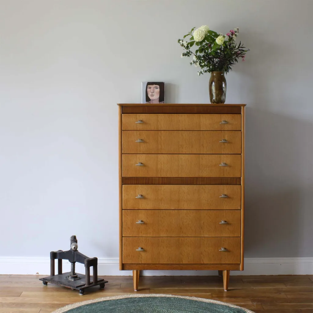 Vintage 1960s Lebus Light Oak Tall Chest of Drawers Original Homewares