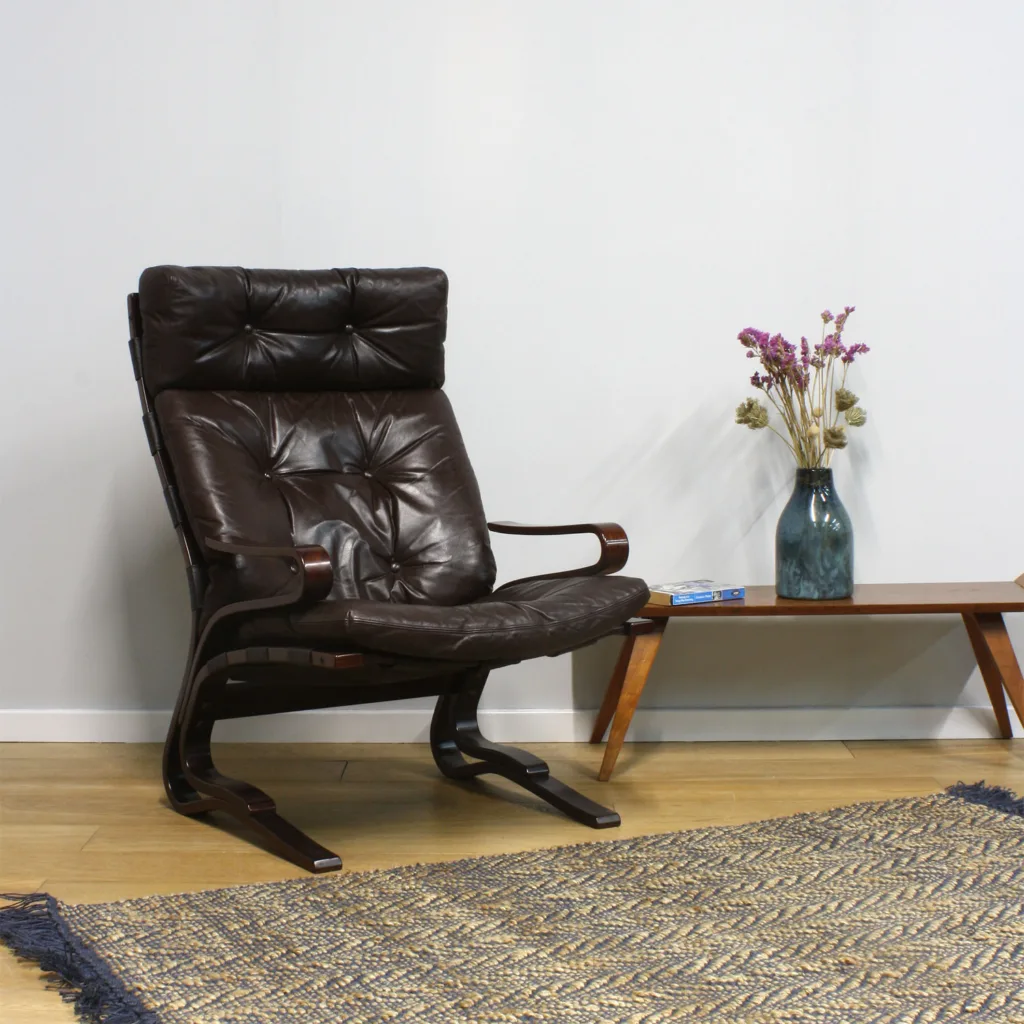 Original Hove Mobler 1970s Danish Tall Deep Brown Leather 'Skyline' Armchair Original Homewares