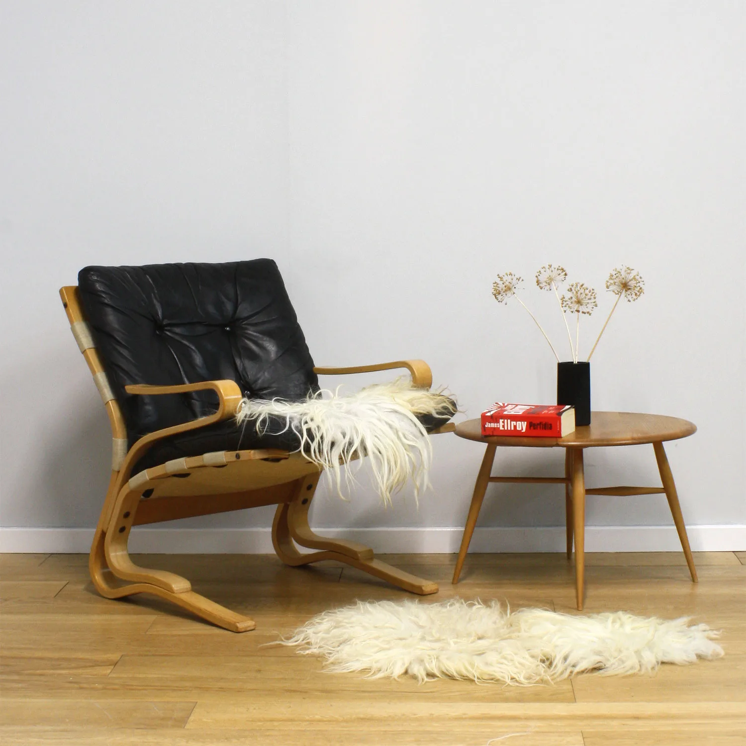 Midcentury Skyline Cantilever Danish Black Leather Lounge Chair by