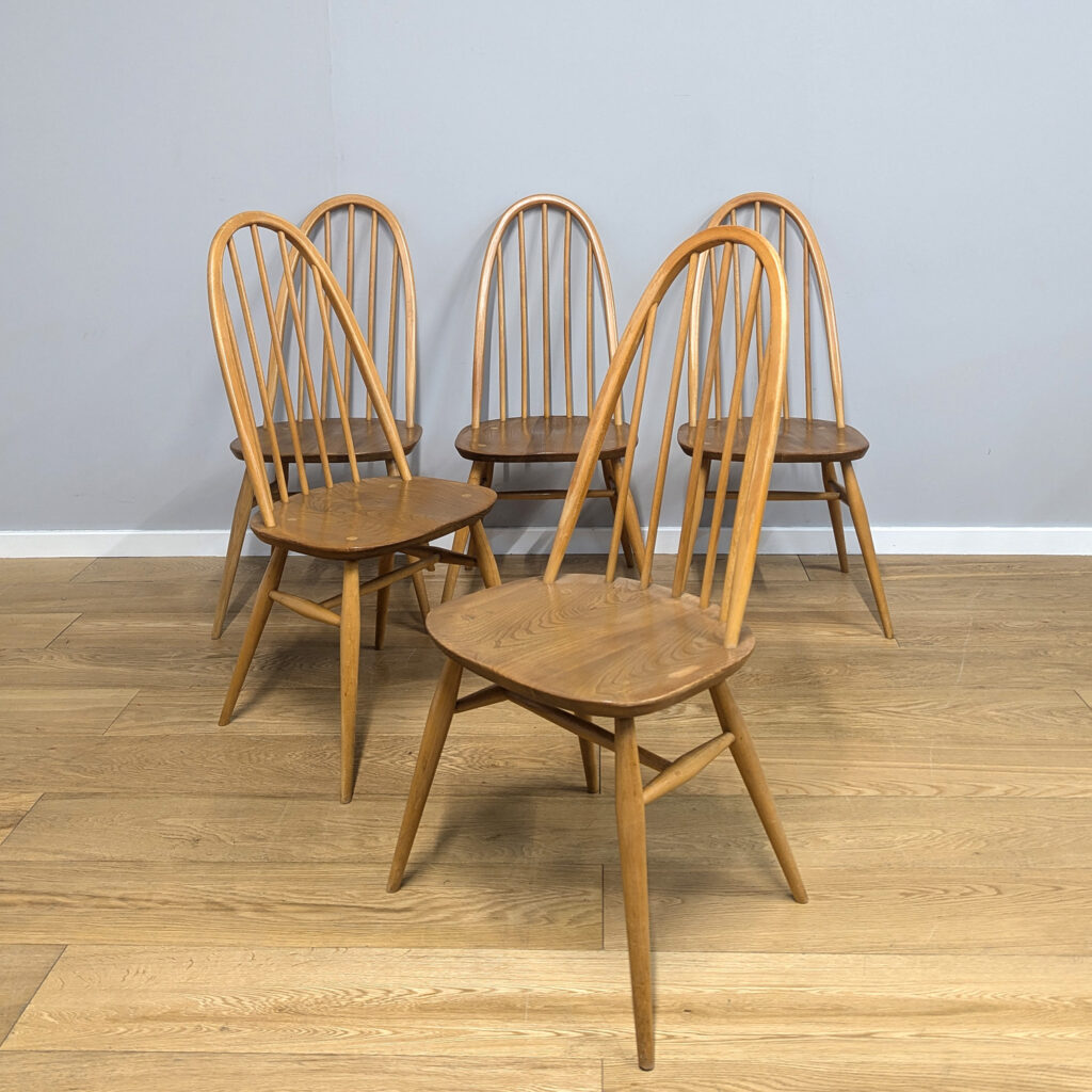 Set of 4 ERCOL Vintage Blonde Fan Back Dining Chairs Model