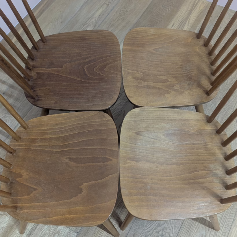 Set of Four Vintage Spindle Back Dining Kitchen Chairs Super set of four vintage spindle back dining kitchen chairs in elm and beech. Very similar to Ercol